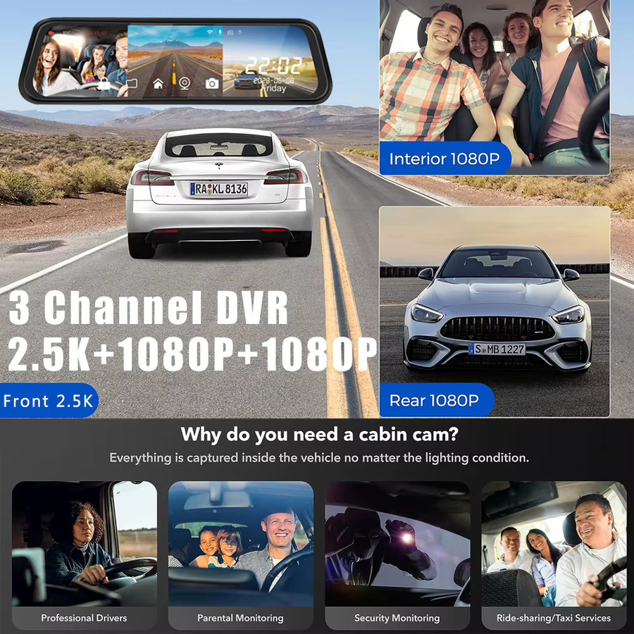 3-Kanal Dashcam mit 10 Zoll OLED-Display, Full HD Auflösung, WiFi und GPS, Rückspiegel Dashcam für dein Auto in Schwarz - Bild 2