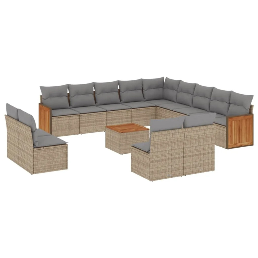 vidaXL 14-teilige Garten-Sofagarnitur aus Poly-Rattan und Akazienholz in Beige-grau mit Kissen - Bild 2
