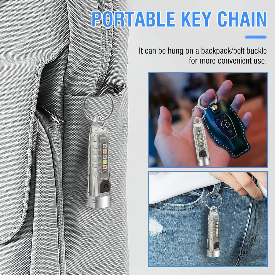 BORUIT V1 EDC Schlüsselanhänger-Taschenlampe, silberne LED-Arbeitsleuchte, wiederaufladbar via Typ C, tragbare Mini-Taschenlampe aus Metall - Bild 4