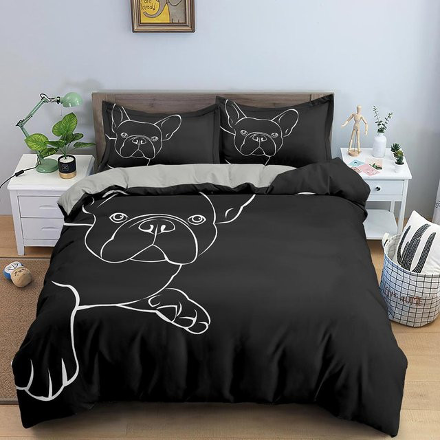 3-teiliges Bettwäsche-Set mit Cartoon Bulldogge Motiv aus Mikrofaser in Schwarz, B/H: 140 x 200 cm - Bild 1