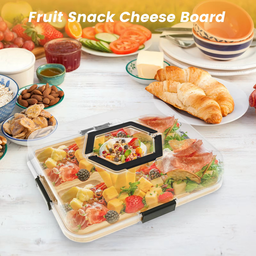 Holz-Charcuterie-Brett mit transparentem Deckel und Griff in Braun, tragbare Käsebrett-Box für Snacks und Obst, B/T/H: 36,5 x 25 x 7,5 cm - Bild 3