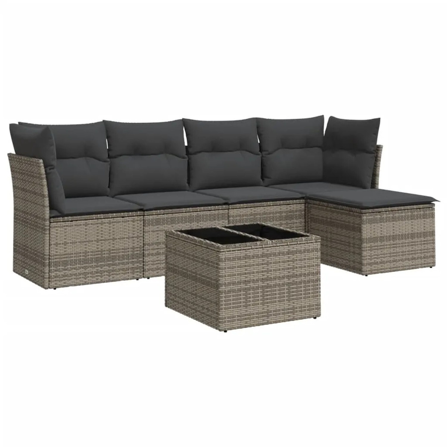 vidaXL 6-teilige Garten-Sofagarnitur in L-Form mit Kissen und Couchtisch, Grau, Polyrattan und Metall - Bild 2