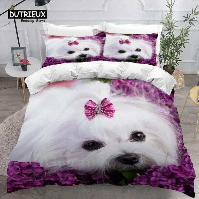 Malteser Hund Bettwäsche-Set aus Mikrofaser mit Tier-Motiv in Weiß, 3-teilig, B: 155 cm, L: 215 cm - Bild 1