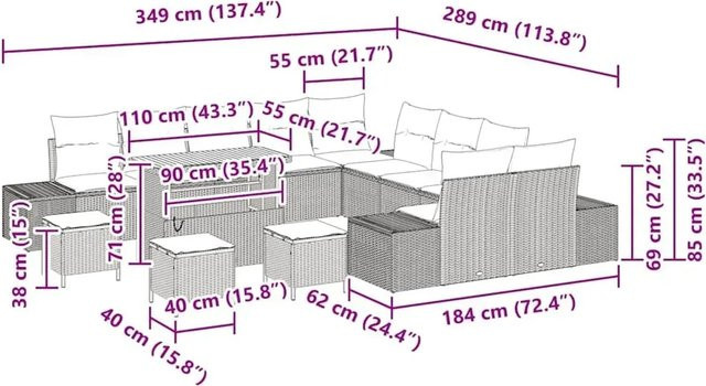 vidaXL Garten-Sofa-Set aus Poly Rattan in Schwarz mit Kissen, 14-teiliges U-Shape Lounge-Set mit Tisch und Hockern - Bild 1
