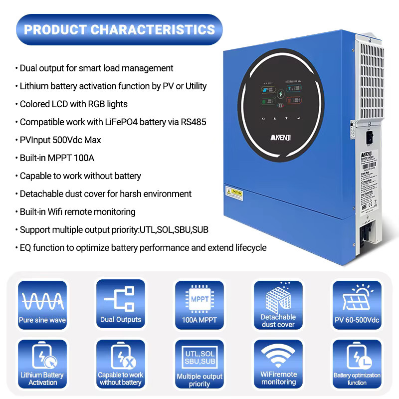 ANENJI Hybrid-Solarwechselrichter mit reiner Sinuswelle und WIFI MPPT für PV-Solarmodule, 24V 220V, Blau - Bild 3