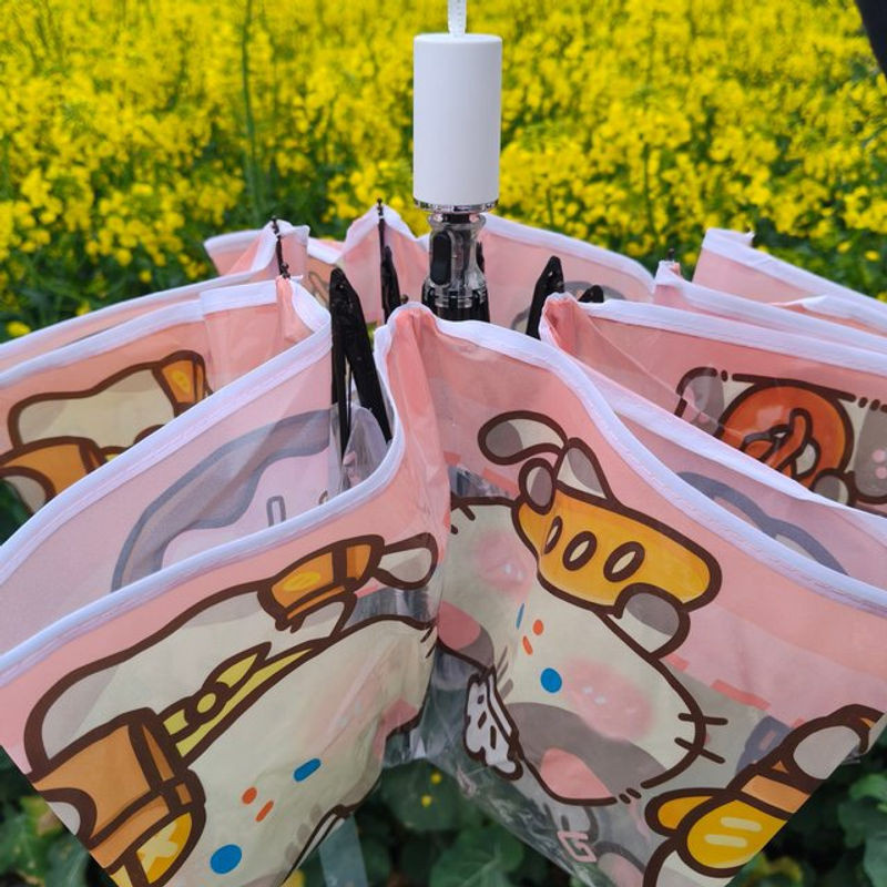Faltbarer transparenter Regenschirm mit Katzenfigur in Rosa, wind- und regenfest - Bild 1