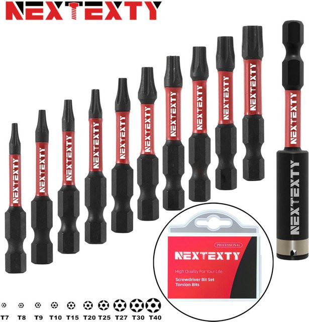 NEXTEXTY Torx Bit Set T7-T40 aus S2 Legiertem Stahl mit Magnetischem Sechskantschaft und Aufbewahrungsbox, Schwarz, Länge: 50 mm - Bild 1