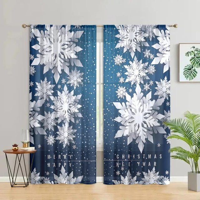 2er-Set Weihnachts Vorhänge mit 3D Papierschnitt-Schneeflocken in Grau und Blau, halbtransparent, B: 150 cm, H: 166 cm - Bild 1
