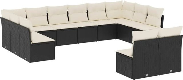 vidaXL 12-tlg. Garten-Sofagarnitur in U-Form aus Polyrattan mit Kissen, Schwarz und Cremeweiß - Bild 1