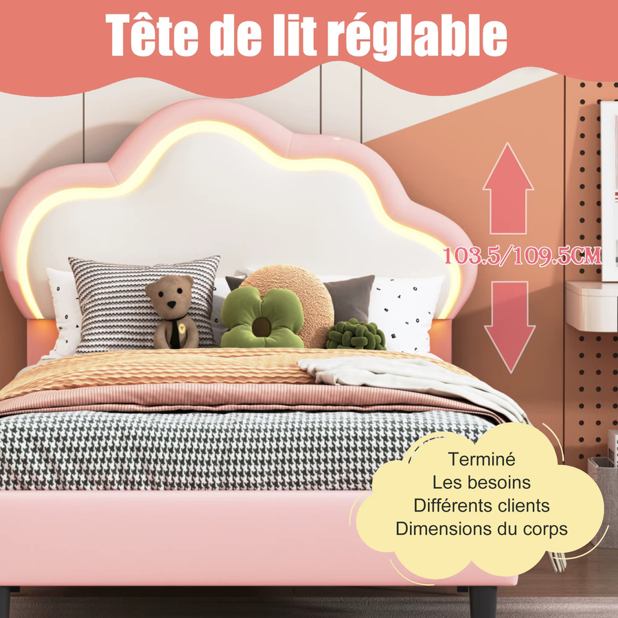 Superaly Kinderbett mit wolkenförmigem Kopfteil in Pink, Einzelbettgestell aus PU-Leder mit höhenverstellbarem Kopfteil und Lattenrostunterstützung, B/T/H: 90 x 200 cm - Bild 3
