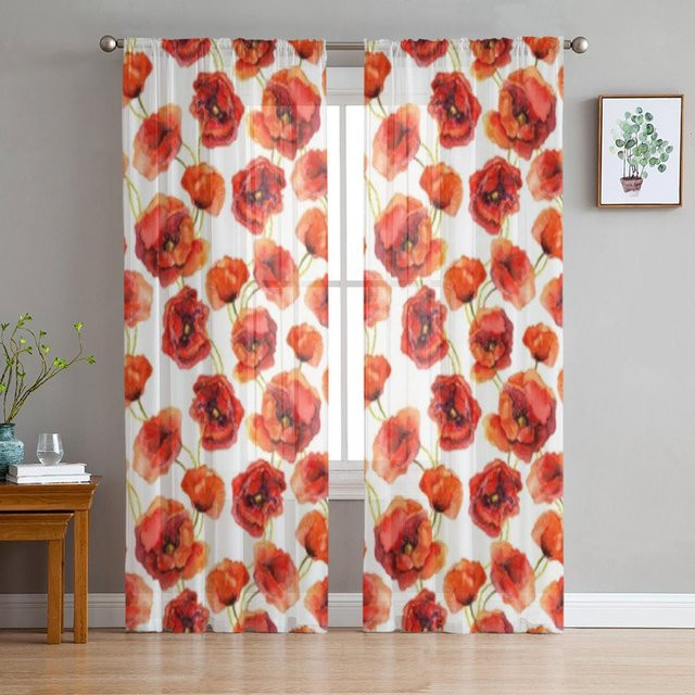 Super Six Transparenter Organza-Vorhang mit Blumenmuster in Rot, B: 135 cm, H: 114 cm - Bild 1