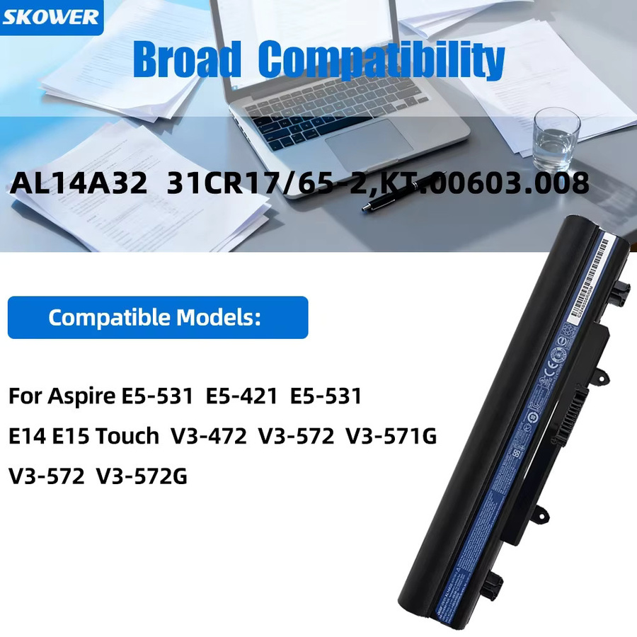SKOWER AL14A32 Li-Ion Akku 5000mAh in Schwarz für Acer Aspire V3-472 V3-572 E14 E15 Touch E5-421 E5-521 E5-551 E5-572G Extensa 2509 EX2509 - Bild 2