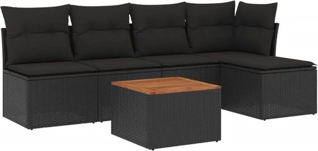 vidaXL 6-tlg Garten-Sofagarnitur aus Poly-Rattan und Akazienholz in Schwarz mit Kissen - Bild 1