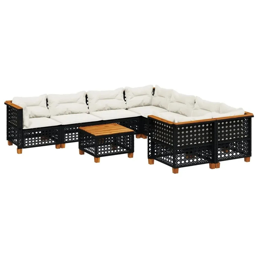 vidaXL 9-tlg. Garten-Sofagarnitur in L-Form aus Poly-Rattan und Akazienholz mit Kissen, Schwarz - Bild 2