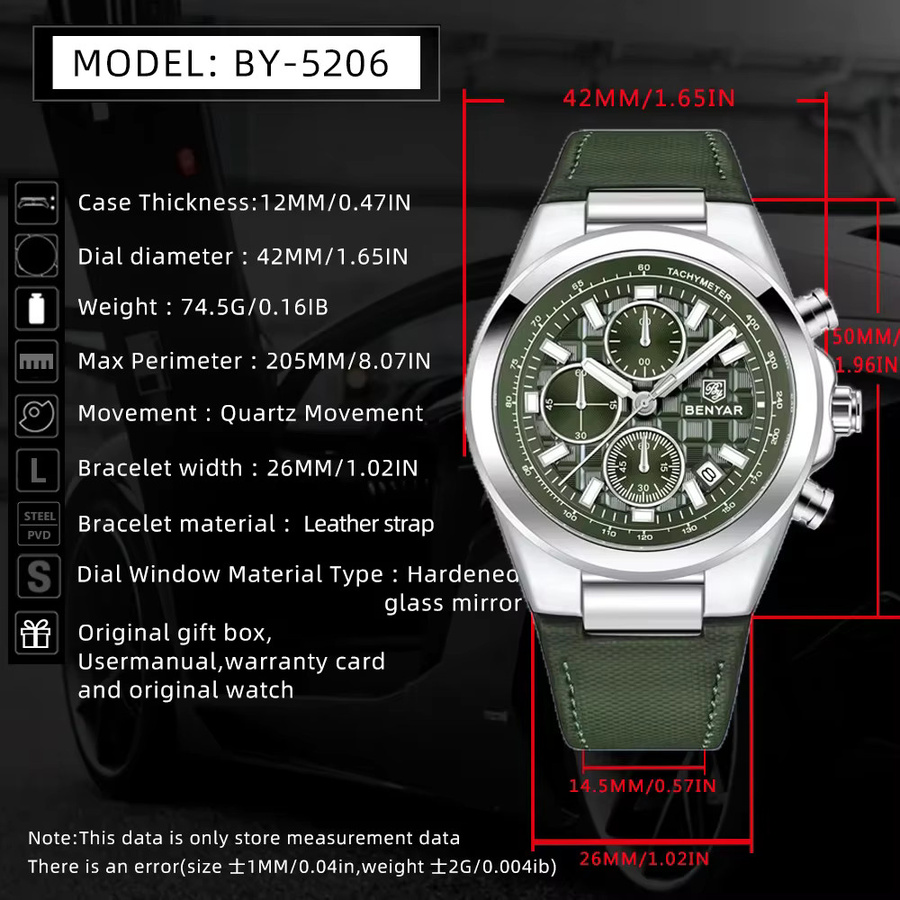 BENYAR Armbanduhr Chronograph, Quarz, Leder, Grün, Herren - Bild 5