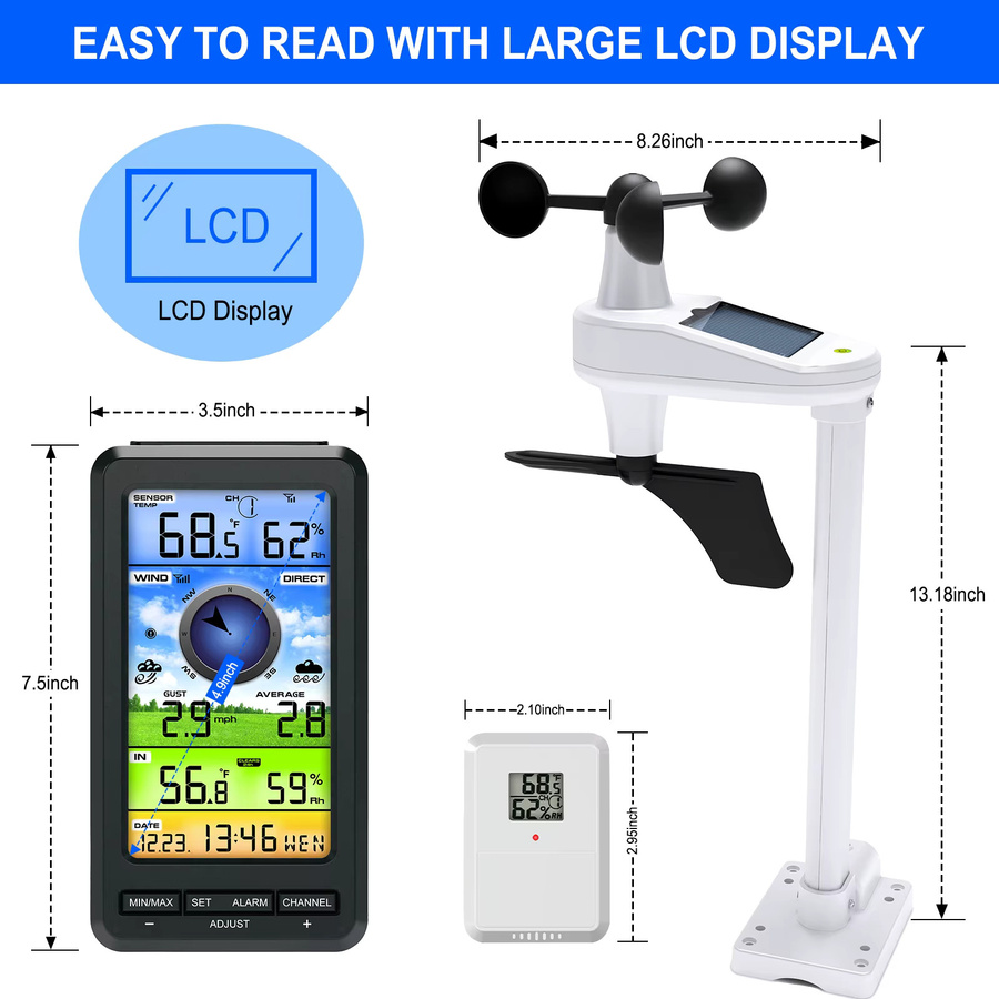 Urageuxy Drahtlose Anemometer-Wetterstation in Weiß mit digitalem Thermometer, Hygrometer und Windrichtungs-Solarsensor (Kein WLAN) - Bild 6