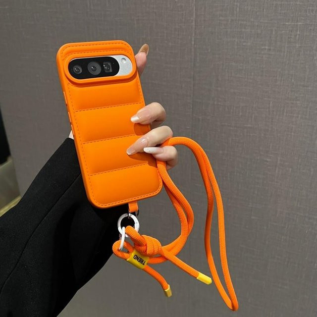 Modische Daunenjacke Crossbody-Hülle für Google Pixel 10 9 9A 8 7 7A 6A 6 Pro mit verstellbarem Lanyard in Orange - Bild 1