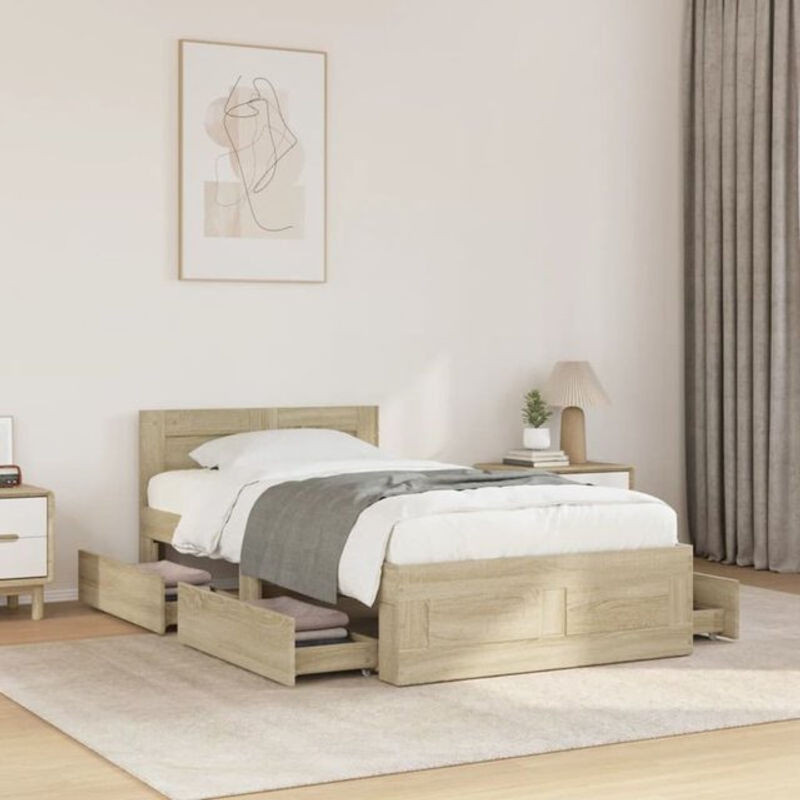 Vidaxl Einzelbett Bettgestell mit Kopfteil aus Holzwerkstoff in Sonoma-Eiche Natur, B/T/H: 90 x 200 cm - Bild 1