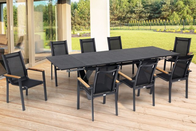 OUTFLEXX Garten-Essgruppe in Anthrazit Matt mit ausziehbarem Tisch und 8 Stapelsesseln aus Aluminium, Teakholz und Textilene, Tisch B/T/H: 180 bis 280 x 100 x 78 cm - Bild 1