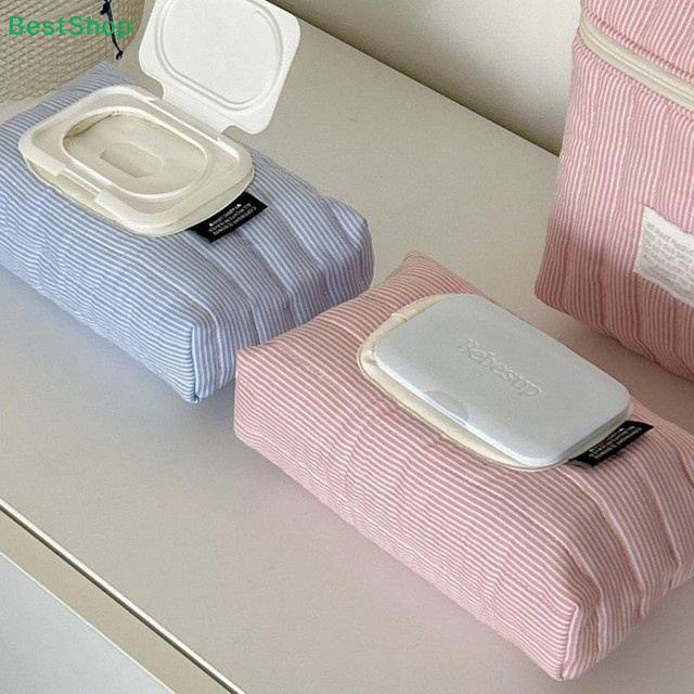 HNKMP Wiederverwendbare Stoff-Feuchttücherhüllen mit Streifenmuster für Zuhause und Reisen in Blau und Rosa - Bild 1