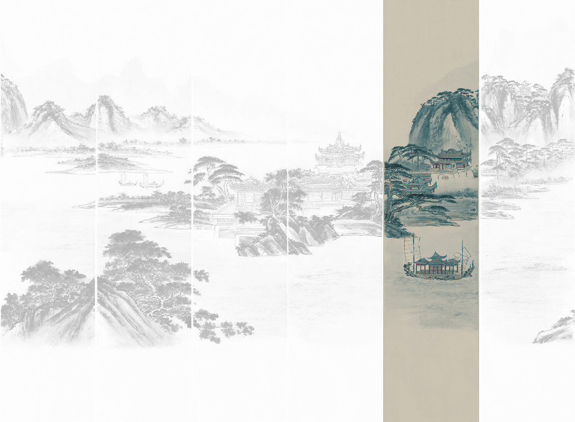 Jannelli & Volpi Mural Kaisui Blue Panel 5 Wandgestaltung in Blau im orientalischen Design aus Vinyl - Bild 1