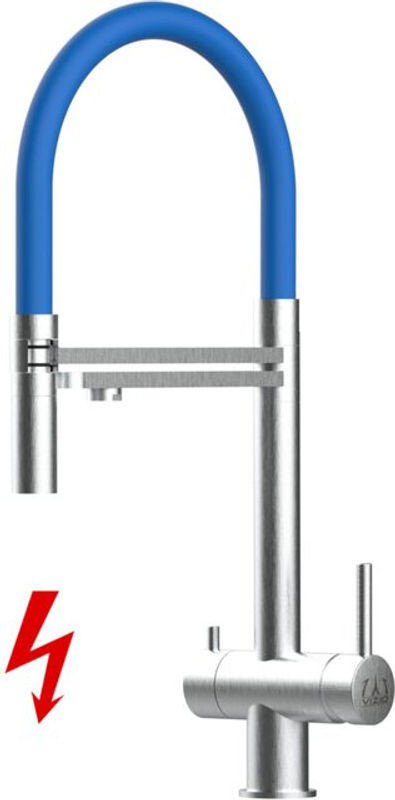 VIZIO Küchenarmatur aus Edelstahl mit blauem Auslauf und 2-Strahl Handbrause, 3-Wege Spültischmischer, gebürstet, modern - Bild 1