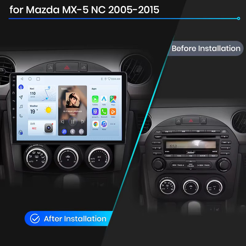 Junsun Wireless CarPlay und Android Auto Autoradio für Mazda MX-5 Mk3 (NC) 2005-2015 in Schwarz mit GPS, WiFi, Bluetooth und IPS-Touchscreen - Bild 2