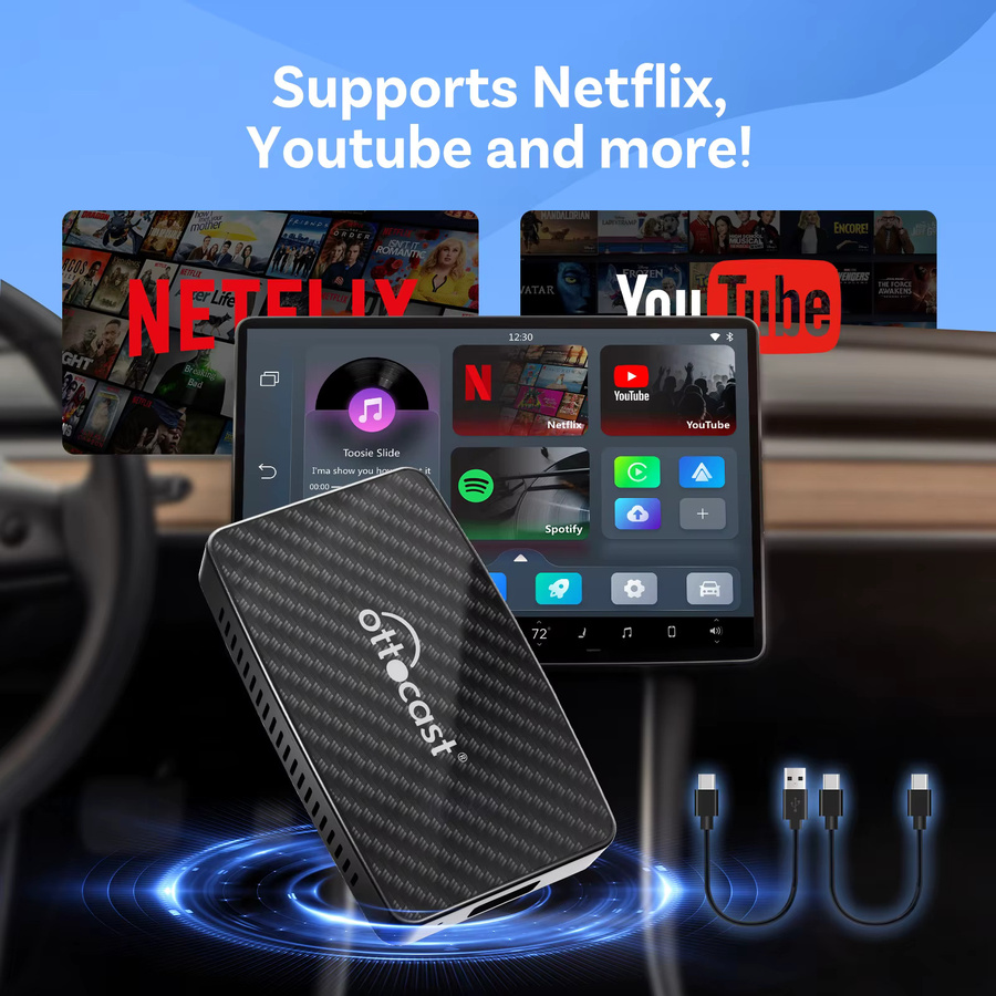 Ottocast Play2Video PRO AI Box Wireless CarPlay und Android Auto Adapter mit YouTube Netflix Spotify Prime Video und 1080P Streaming in Schwarz - Bild 3