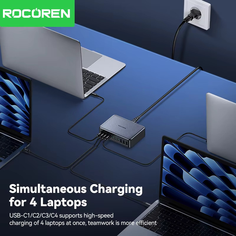 Rocoren 480W USB-C Ladestation mit 10 Anschlüssen, GaN Desktop-Schnellladegerät in Schwarz - Bild 2