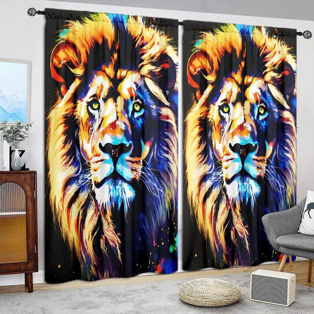 2er-Set Löwen-Vorhang mit farbigem Print in Blau, halbtransparent, B: 52,5 cm x H: 116 cm - Bild 1