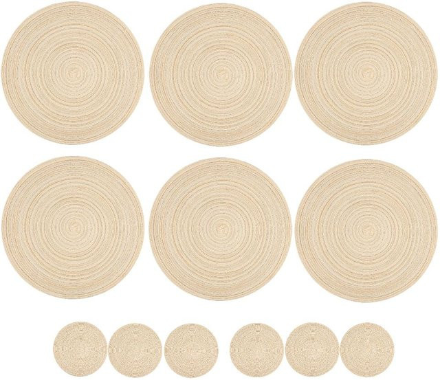 Set aus 6 runden geflochtenen Tischsets und Untersetzern von YTO Home 1 in Beige, rutschfest und hitzebeständig - Bild 1
