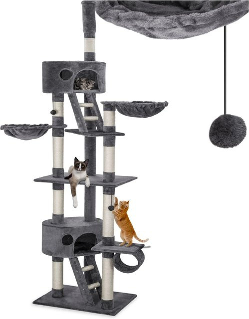 tectake Kratzbaum Hansi Grau mit 2 Katzenhäusern, 2 Treppen und Spielbällen, B/T/H: 60 x 45 x 243 bis 260 cm - Bild 2