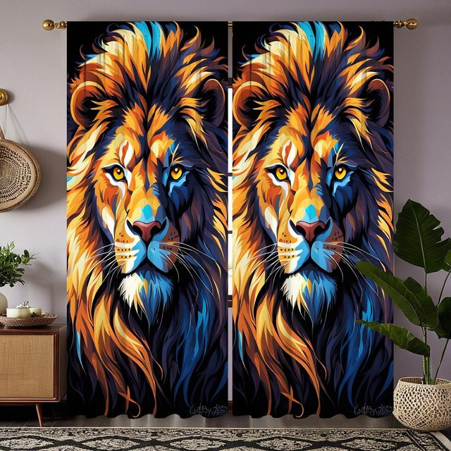 2 Stück dekorative Vorhänge mit Afrikanischem Löwe Motiv in Gelb, digital bedruckt, semi-transparent, B: 132 cm, H: 160 cm - Bild 1