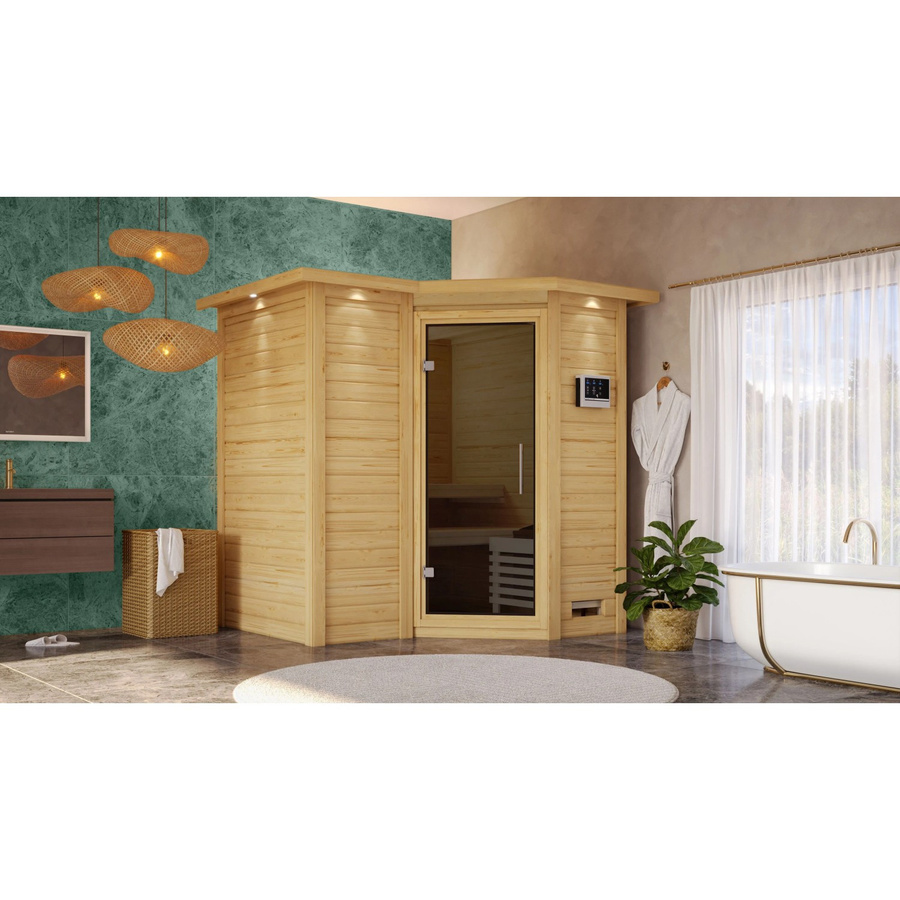 Karibu Massivholzsauna SAHIB 1 aus Fichte und Espe in Natur mit Dachkranz und Ganzglastür in Graphit B/T/H: 193 x 184 x 221 cm - Bild 2