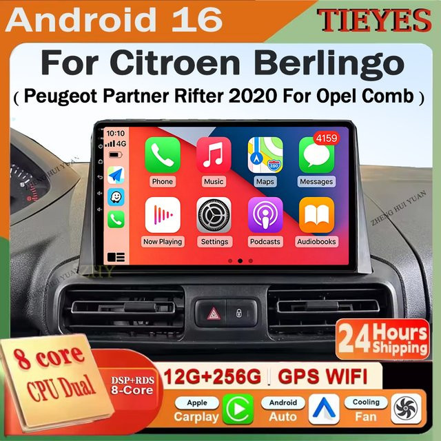 TIEYEZ Android 16 Autoradio mit Carplay und Multimedia Videoplayer in Schwarz für Citroen Berlingo 2019, Peugeot Partner Rifter 2020 und Opel Combo - Bild 1