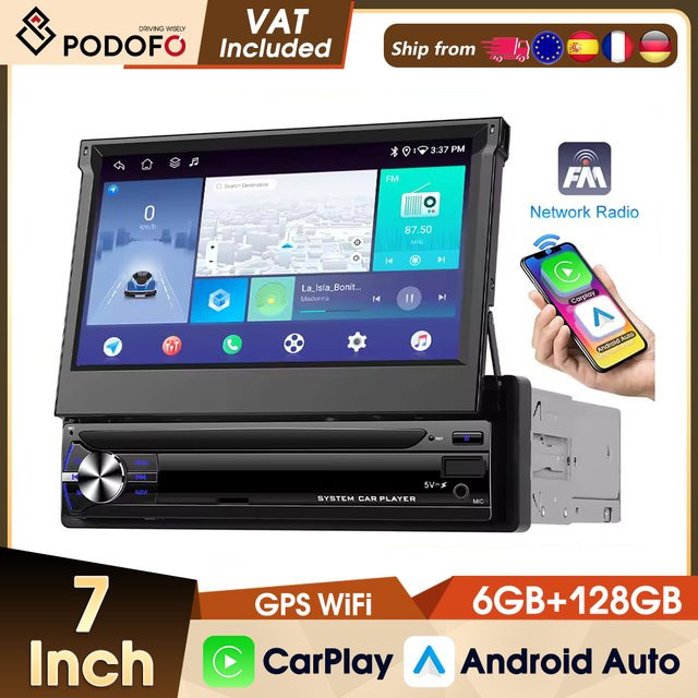 Podofo 1 DIN Intelligentes Autosystem mit 7 Zoll Display, 6 GB RAM, 128 GB Speicher, kabelloses Android Auto und Apple CarPlay, GPS, WLAN, 4G, Bluetooth und USB in Schwarz - Bild 1