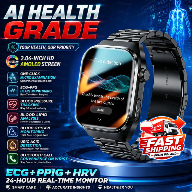 GUHUAVMI EKG-Smartwatch mit 2,04 Zoll AMOLED Display in Schwarz für Männer und Frauen mit Blutdruck-, Lipid- und Harnsäure-Tracking sowie IP68-Schutzklasse - Bild 1