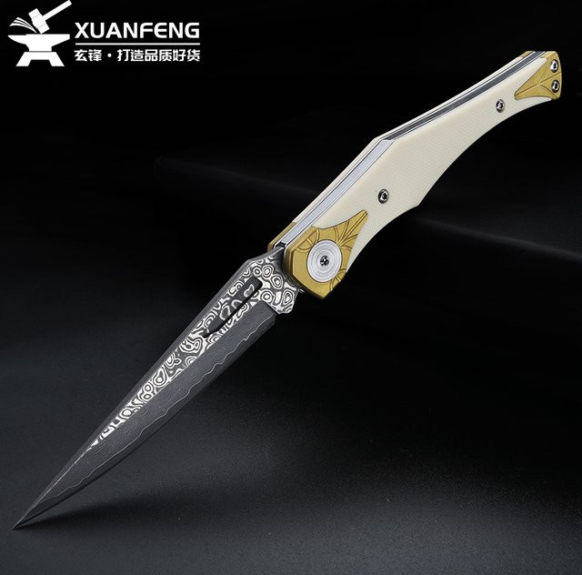 XUANTENG Spider G10 Klappmesser aus Damaststahl mit Griff in Weiß und Multicolour als multifunktionales Outdoor-Camping-Werkzeug - Bild 1