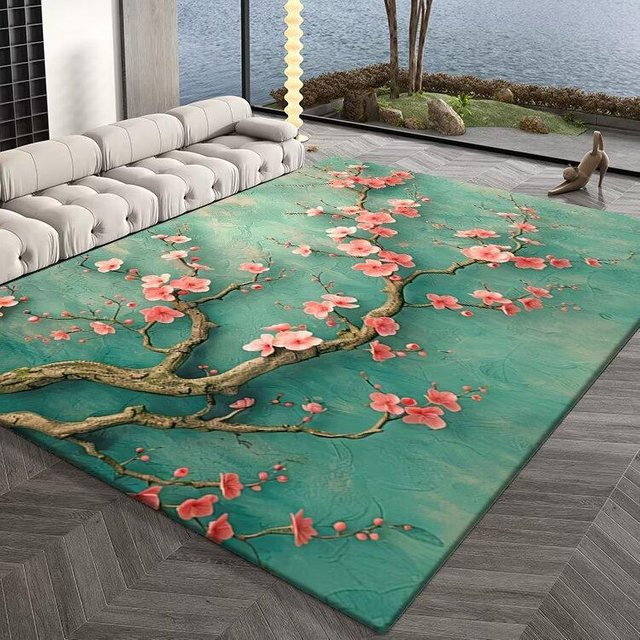 Lodestar Teppichmatte mit 3D Pfingstrose Blumenmuster in Blau Rosa Gold, Rechteckig, B/T: 120 x 160 cm - Bild 1