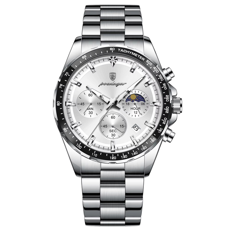 POEDAGAR Chronograph Armbanduhr, Quarz, Edelstahl, Silber, Herren - Bild 7