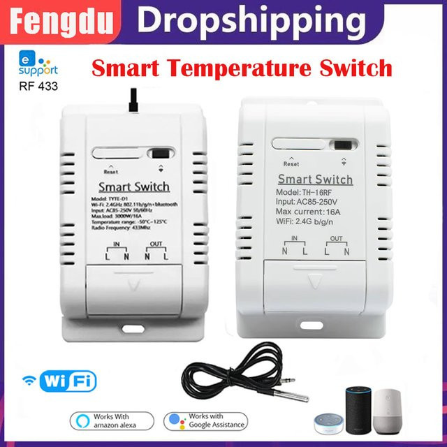 Tuya WiFi Smart Switch TH16 RF433 Intelligenter Temperaturschalter zur Überwachung, kompatibel mit Alexa und Google Home, Weiß - Bild 1