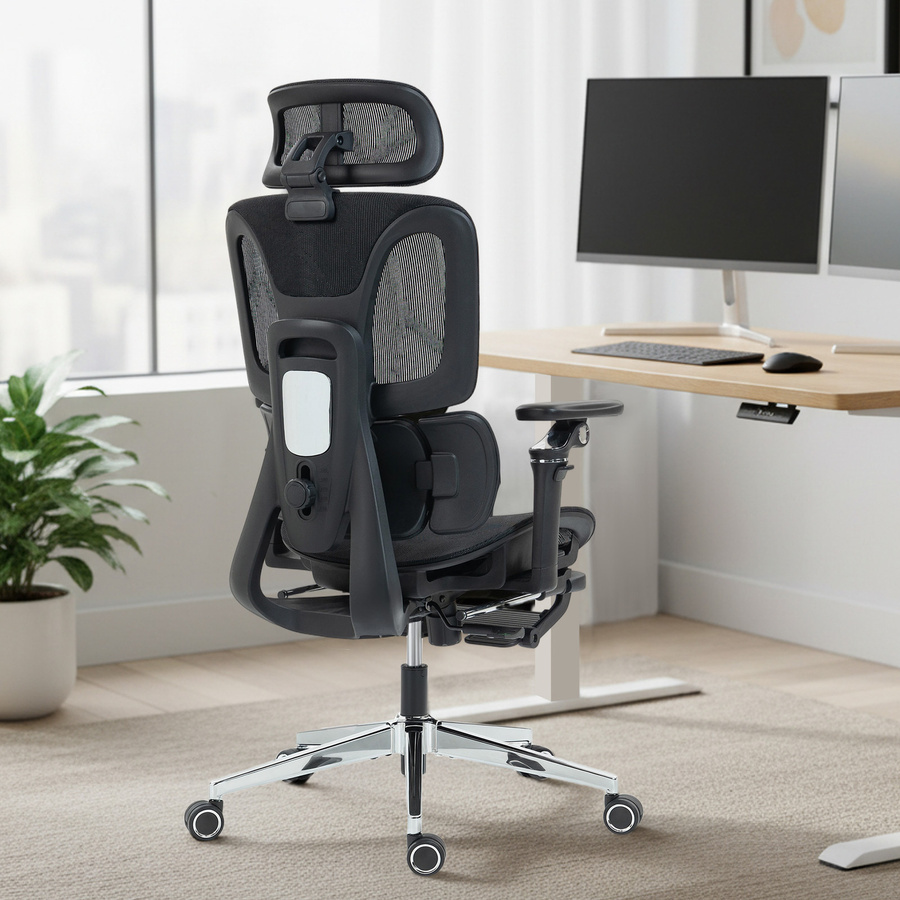 HOMCOM Ergonomischer Bürostuhl in Schwarz mit verstellbarer Lenden- und Kopfstütze, 6D-Klapparmlehnen, geteilter Rückenlehne und Fußstütze - Bild 2
