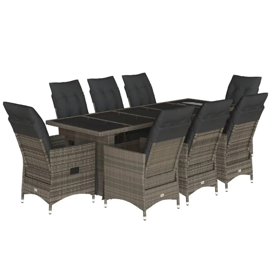 vidaXL 9-tlg Garten-Bistro-Set aus Poly Rattan mit Kissen und Hartglas in Grau - Bild 2
