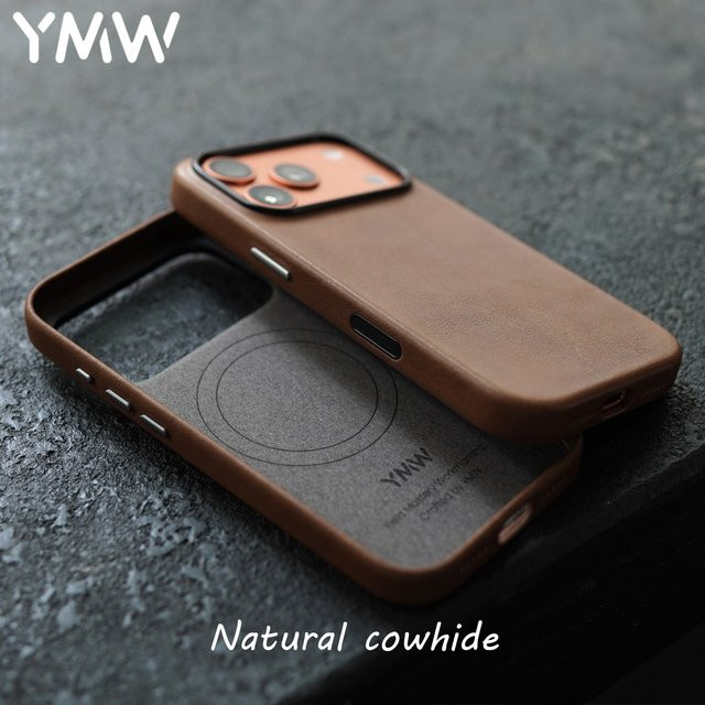 YMW Magnetische Echtledertasche für iPhone 17 16 Pro Max 15 14 kompatibel mit MagSafe in Braun im Retro-Design - Bild 1