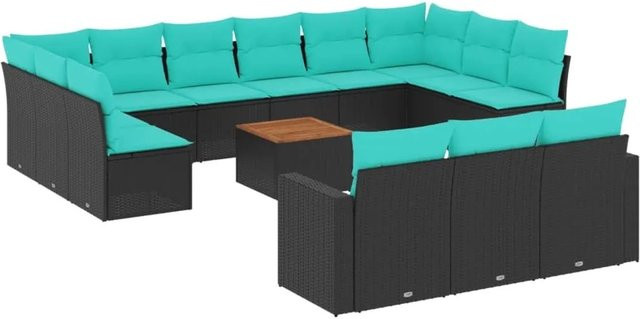 vidaXL 14-teilige Garten-Sofagarnitur in L-Form aus Poly-Rattan und pulverbeschichtetem Stahl mit Kissen in Schwarz - Bild 1
