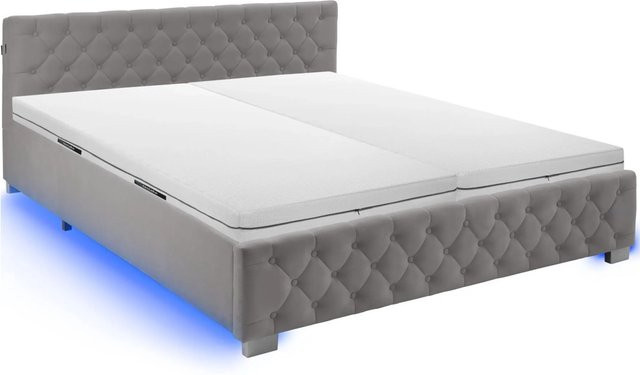 Tectake Polsterbett in Samtoptik mit Steppmuster und Matratze in Dunkelgrau, B/T/H: 217 x 187 x 50 cm - Bild 1
