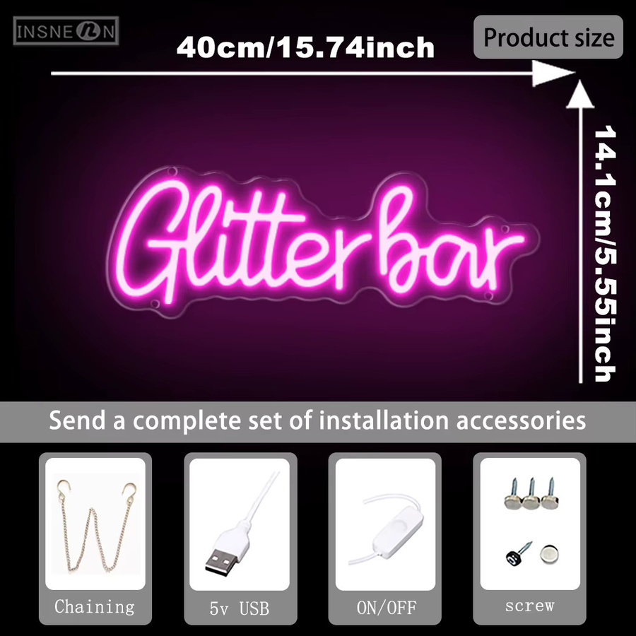 INSNEnN Glitzer Bar Neon LED Schild zur Wanddekoration für Party, Pub und Club - Bild 2
