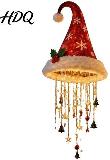 Dekorative Weihnachtsmannmützen-Hängeornamente mit warmweißer LED-Lichterkette, rote Pailletten-Kegel-Anhänger für Deckenleuchten und Kronleuchter - Bild 1