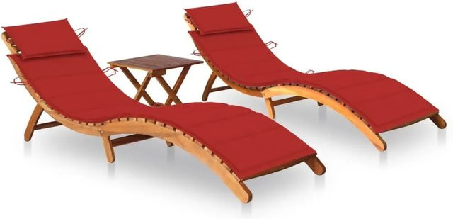 vidaXL Sonnenliegen Set aus 2 Stück mit Tisch und roten Auflagen aus Akazien-Massivholz - Bild 1