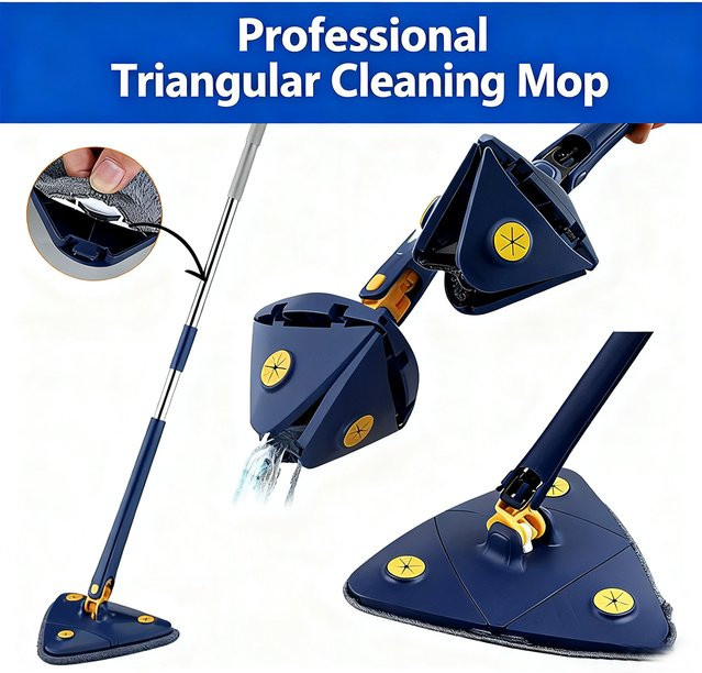 Untior Dreieckiger Mikrofaser-Mop in Blau mit 360 Grad drehbarem Kopf und langem Stiel für Boden, Decken und Ecken - Bild 1